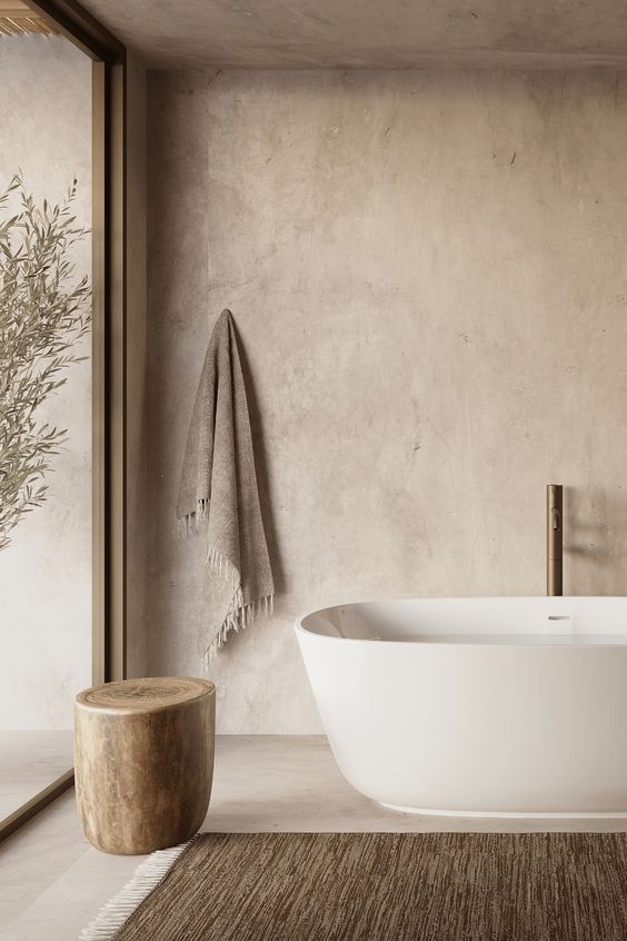 Bathroom with decorative cement on walls