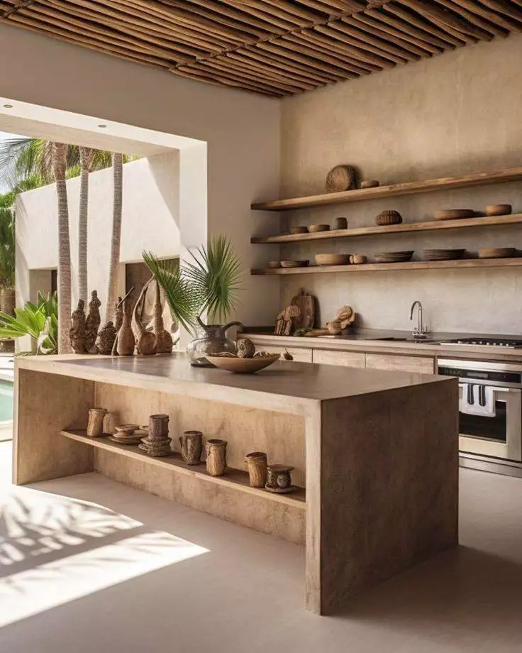 Kitchen backsplash example using Tile, Stone and Cement