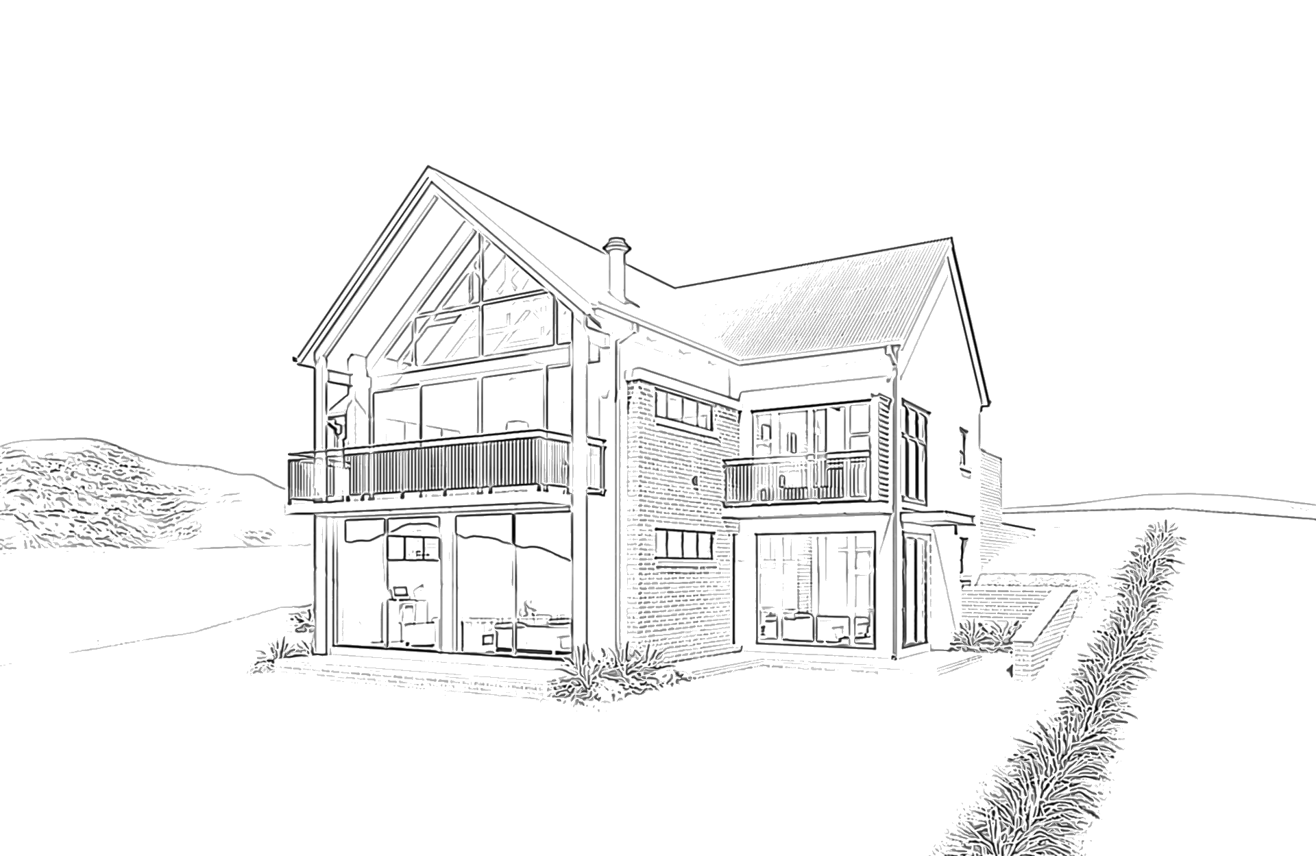 A pencil drawing of a house at Higland Gate with services that Raremoon offers